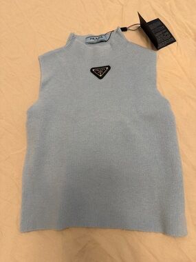 Prada Pale Blue Sleeveless Ribbed Knit Shell with Triangle Logo